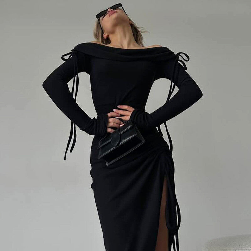 2025 NEW Boho Chic Sexy OffShoulder Ruffle Sleeve Slit Dress