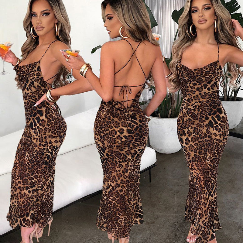 2025 NEW Leopard Print Sexy Backless Midi Dress Spring 
