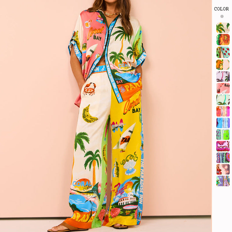 2025 NEW EuroAmerican Summer Fashion Print WideLeg Pants Set