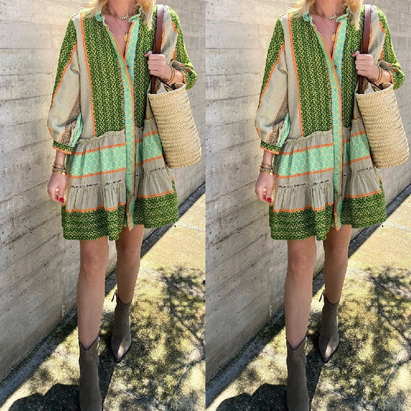 2025 NEW Boho Chic SpringAutumn Linen Print Midi Dress
