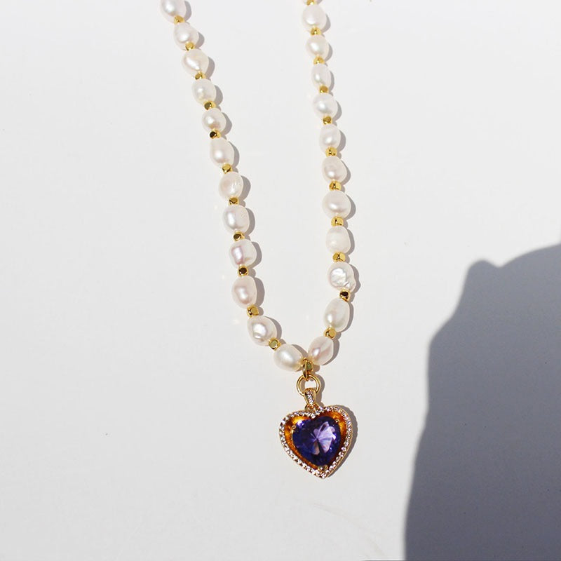 Red heart zircon pearl necklace